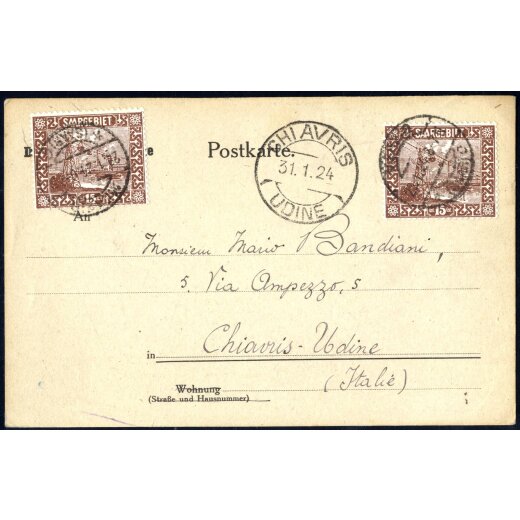 1924, Postkarte von Merzig sur saone am 29.1. nach Chavris (Italien), Mi. 87(2)