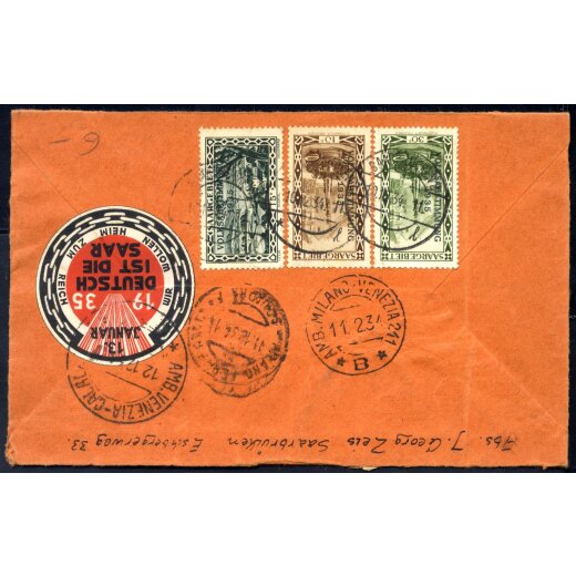1934, Rückseite eines Teilbriefes am 10.12. mit 45 Pf frankiert mit unter Anderem 10 C mit Plattenfehler, Mi. 179 VI
