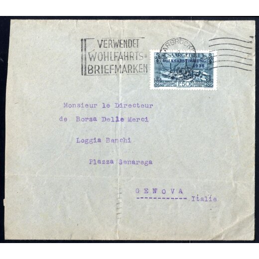 1934, Brief von Saarbr&uuml;ck am 11.12. mit Einzelfrankatur 1,50 Fr nach Genua, Mi. 190