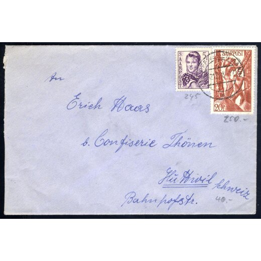 1948, Brief von Schiffweiler nach Huttwil (Schweiz), frankiert über 25 Fr durch Mi. 245,250