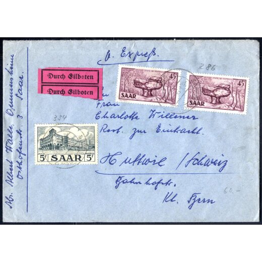 1952, Expressbrief von Saarbr&uuml;ck nach Huttwil (Schweiz), frankiert &uuml;ber 95 Fr durch Mi. 286,334