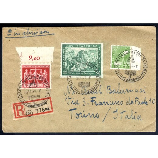 1948, eingeschriebener Brief von Hamburg am 30.5. nach Turin (Italien), frankiert über 118 Pf durch Mi. 946,968,969