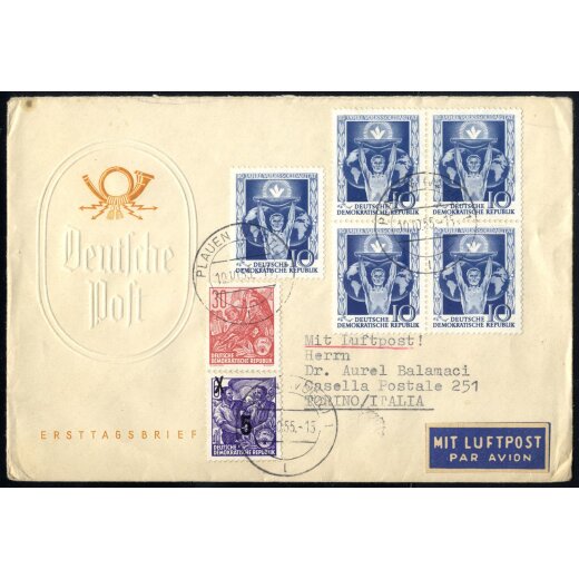 1955, Ersttagsbrief von Plauen per Luftpost nach Turin (Italien), Mi. 484
