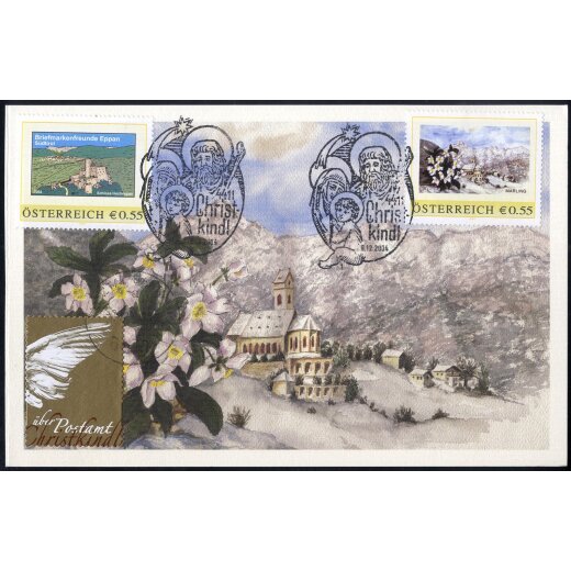 2004, Aquarell-Karte von Marling mit personalisierter Marke 0,55 € Marling und 0,55 € Hocheppan mit Christkindlvignette von Ötztal am 7.12. über Christkindl am 9.12. nach Meran