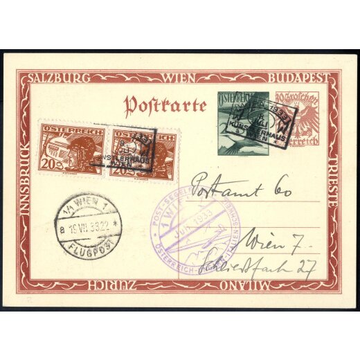 1933, Postsegelflug, frankierte Ganzache von Wien 8.7.1933, violetter Sonderstempel vorne