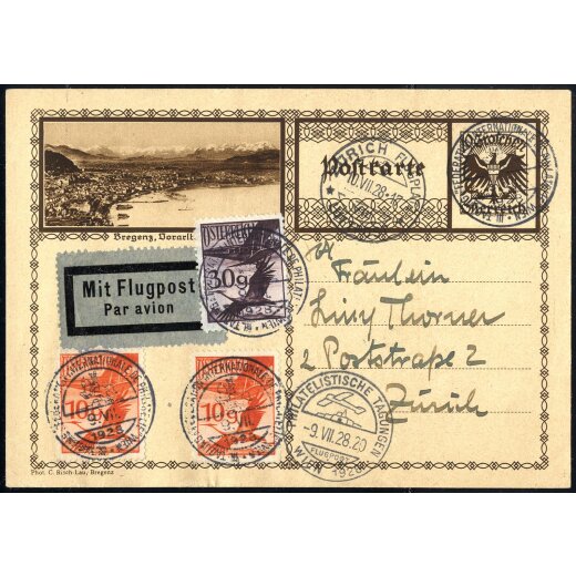 1928, Sonderstempel der Philatelistischen Tagungen 9.7.1928 auf Karte mit Zusatzfrankatur nach Zürich