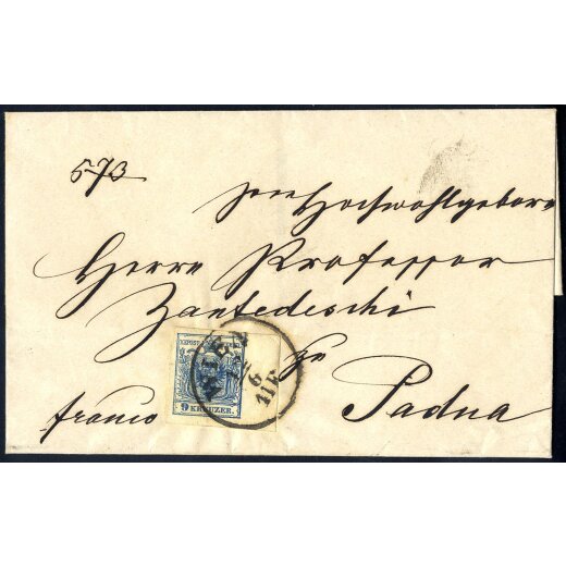 1854, 9 Kr. blau, breites rechtes Randst&uuml;ck auf Brief von Wien nach Padova (ANK 5MIIIb)