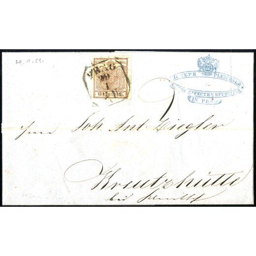 1850, 6 Kr. HPIa rötlichbraun auf Brief von Prag 29.1.1851 nach Krentzhütte (ANK 4HIa)