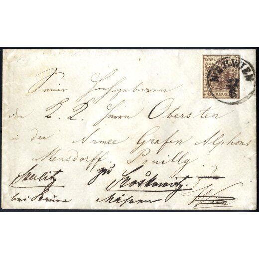 1850, "Nachsendebrief", von Wien nach Roskowitz zurückgesandt nach Wien, mit 6 Kr, braun frankiert