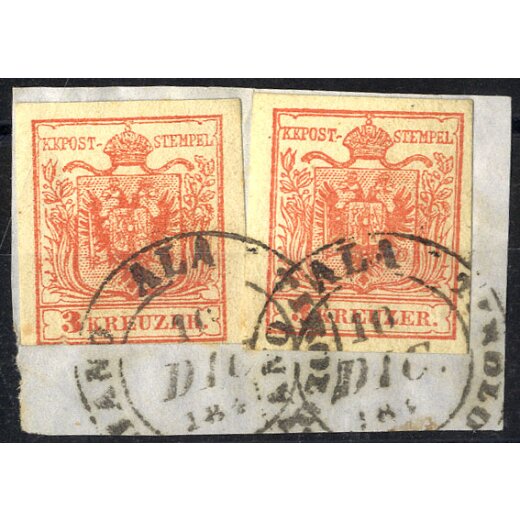 "ALA TIROLO ITAGLIANO 10 / DIC. / 184", Doppelkreisstempel auf zwei Stück 3 Kr. MPIIIa auf Briefstück (ANK 3MIIIa)