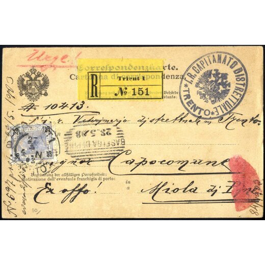 1903, Rekommandierte portofreie Korrespondenzkarte von Trient 27.5.1903 nach Miola di Pin? mit 25 Heller Reloporto frankiert (ANK 91)