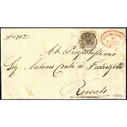 "TRIENT 27 / 8", Einkreisstempel auf 6 Kr. HPIII auf Brief vom 27.8.1854 nach Rovereto (ANK 4HIII)