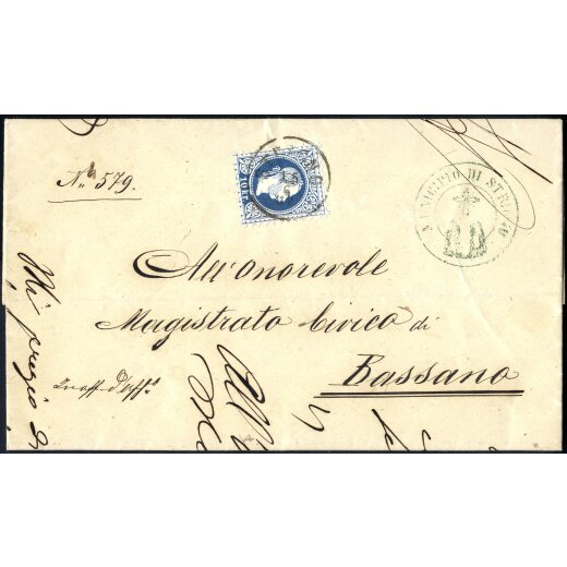 "STRIGNO 15 / 6", Einkreisstempel auf 10 Kr. blau, feiner Druck, auf Auslandsbrief vom 15.6.1880 nach Bassano (ANK 38II)