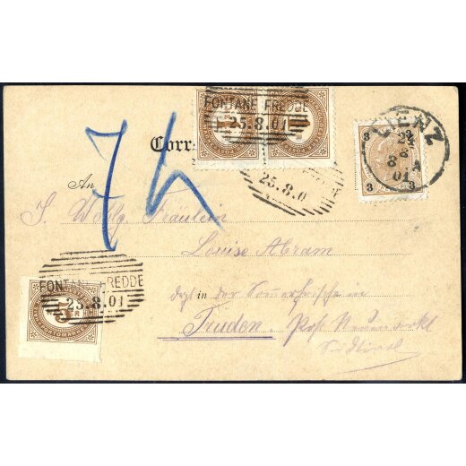 1890, Ansichtskarte "Scloss Bruck bei Lienz" mit 3 H. unzureichend frankiert nach Kaltenbrunn (Fontane Fredde), Karte mit insgesamt 7 Kreuzer mit gezähnten und ungezähnten Portomarken nachtaxiert (ANK 71+P10+26)