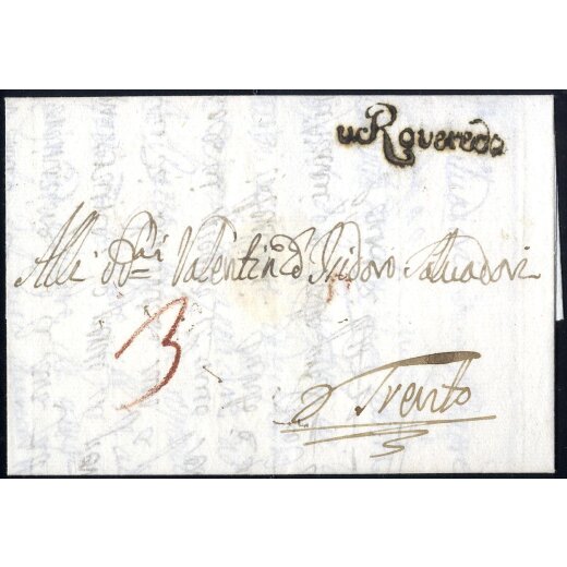 &quot;v Roveredo&quot;, schwarzer Schreibschriftstempel auf Brief vom 24.11.1786 nach Trient (M&uuml;ller 200 P.)