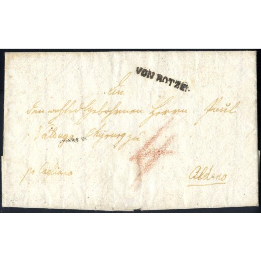 "VON BOTZEN", schwarzer Langstempel auf Brief vom 30.1.1824 nach Aldeno