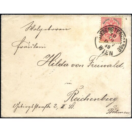 1883, "Zierbrief" mit rückseitigem florelem Muster von Wien 10.10.1889 nach Reichenberg, vorderseitig mit 5 Kr. frankiert (ANK 46)