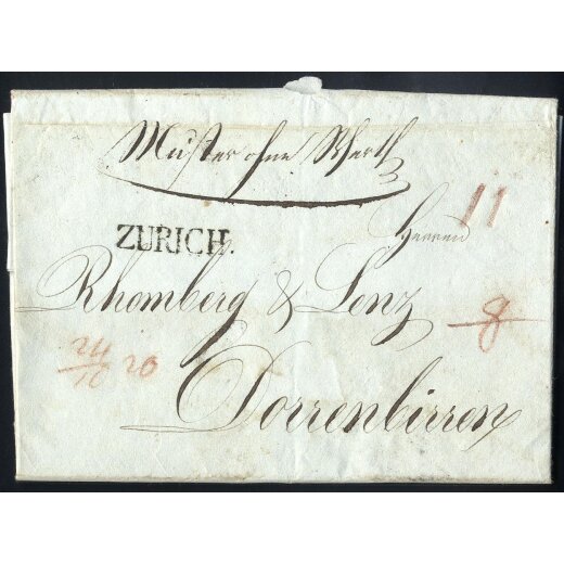 1820, Zürich, Brief des 24.10. als Muster ohne Werth nach Dorrenbirren, mehrere Taxrötel, Winkler 1241