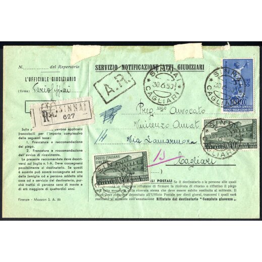 1950, Notificazione atti giudiziari, da Sinnai 30.6.1950 per Cagliari affrancata per 95 Lire con UNESCO 20 + 20 +55 Lire (S. 618-19)