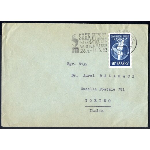 1952, Brief von Saarbrücken 2 am 24.4.52 nach Turin mit Einzelfrankatur Mi. 315