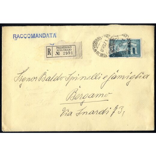 1958, lettera raccomandata da Palazzolo sull´Oglio il 17.12.58 per Bergamo affrancata con 175 L. Amicizia Italo-Brasiliana
