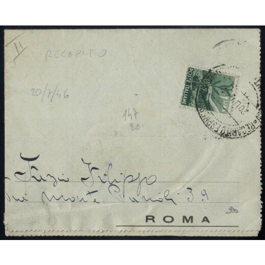 1946-47, I Periodo Tariffario, lettera in recapito autorizzato affrancata con 1 Lira Democratica del 20.7.46 a Roma, Sass. 550