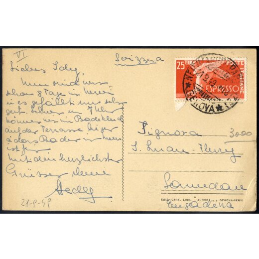 1949, V Periodo Tariffario, cartolina postale per l´estero affrancata con 25 l. espresso da Nervi il 21.9.49 per Samnaun (Svizzera), Sass. E28