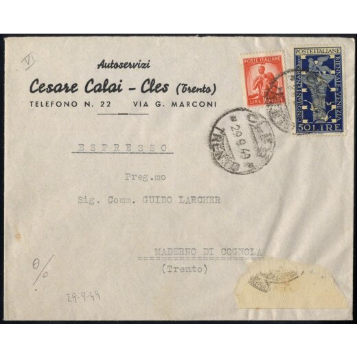 1949, V Periodo Tariffario, lettera espresso affrancata con 60 Lire da Cles il 29.9.49 per Maderno di Cognola, Sass. 559,597