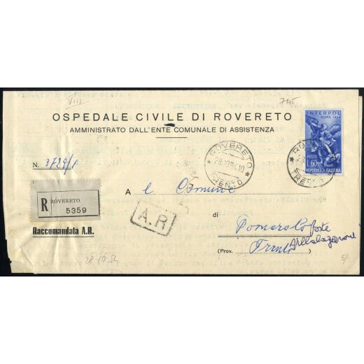 1954, Interpol, 60 Lire su raccomandata A. R. da Rovereto 28.10.1954 (Sass. 745)