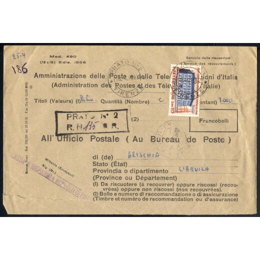 1961, Unit? d Italia, 115 Lire su busta del serizio riscossioni bilingue da Prato 18.4.1962 per Arischia (Sass. 930)