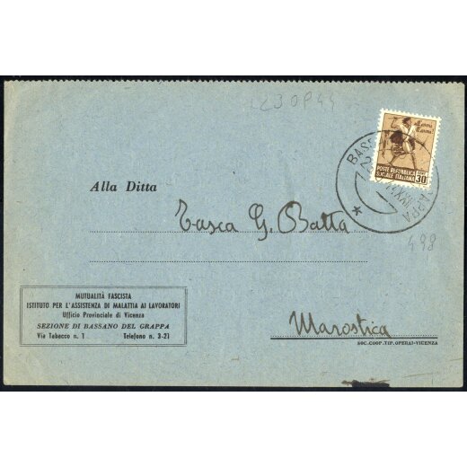 1944, cartolina da Bassano del Grappa il 28.9. affrancata con 30 c. Monumenti a Marostica, Sass. 498