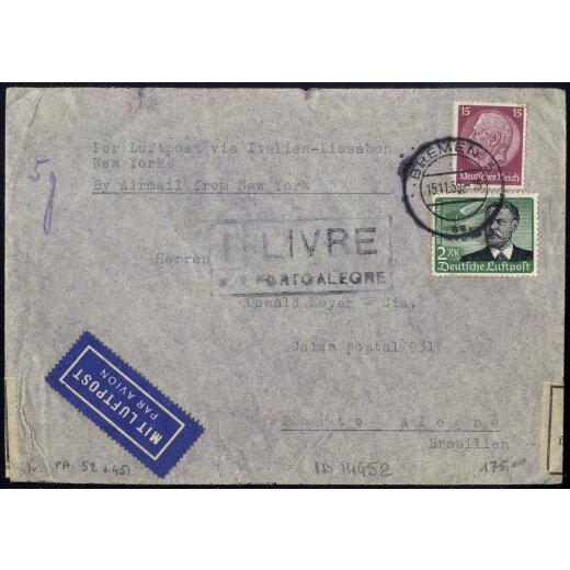 1939, Luftpostbrief über Italien, Lissabon und New York von Bremen am 15.11. nach Porto Allegre (Brasilien) frankiert über 2,15 M durch Mi. 520,538