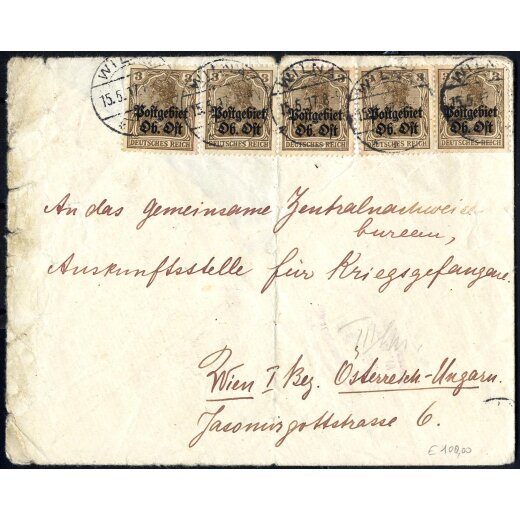 1917, Germania 3 Pf, 5 Werte auf Brief von Wilna am 15.5. nach Wien, Brief hinten nicht komplett, Mi. 2