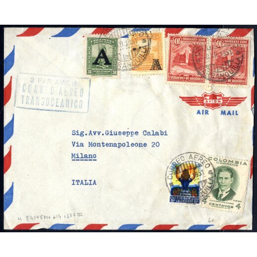 1951, Luftpostbrief von Baranquilla am 8.12. nach Mailand (Italien) frankiert &uuml;ber 94 C mit Mi. 376(2),541,570,614
