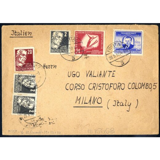 1952, Brief aus Freital am 28.5. nach Mailand (Italien) frankiert über 74 Pf durch Mi. 281,302,327(3),333