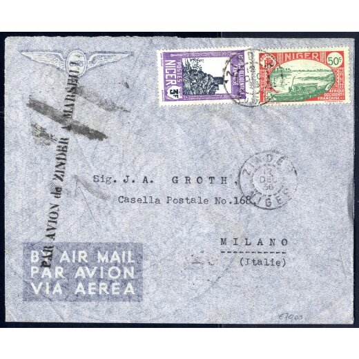 1936, Flugpostbrief von Zinder nach Marseille am 12.12. und weiter nach Mailand (Italien) frankiert über 3,50 Fr durch Mi. 42,50