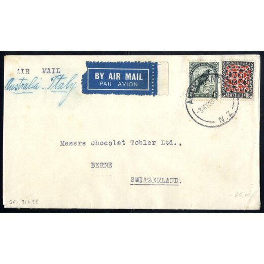 1935, Flugpostbrief aus Auckland am 3.5. &uuml;ber Italien nach Bern (Schweiz), Mi. 199,200