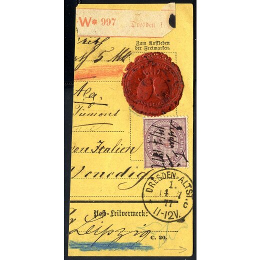 1877, Paketbegleitkarte von Dresden am 14.7. nach Leipzig frankiert durch 2 M violett hadschriftlich entwertet und rückseitig mit 10 + 20 Pf(e), Mi. 33,34,37