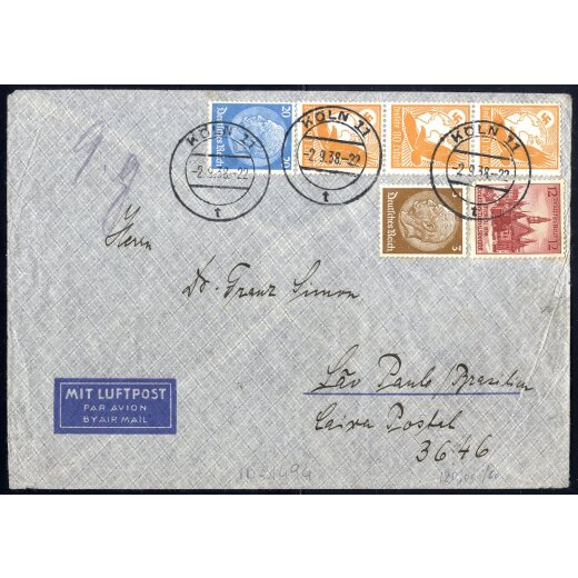 1938, Luftpostbrief von Köln am 2.9. nach Sao Paulo (Brasilien) frankiert über 2,75 RM durch Mi. 513,521,536(3),667