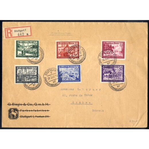 1941, großformatiger eingeschriebener Brief von Stuttgart am 28.5. nach Genf (Schweiz) frankiert durch komplette Serie Kameradschaftsblock II, Zensur, Mi. 773-778