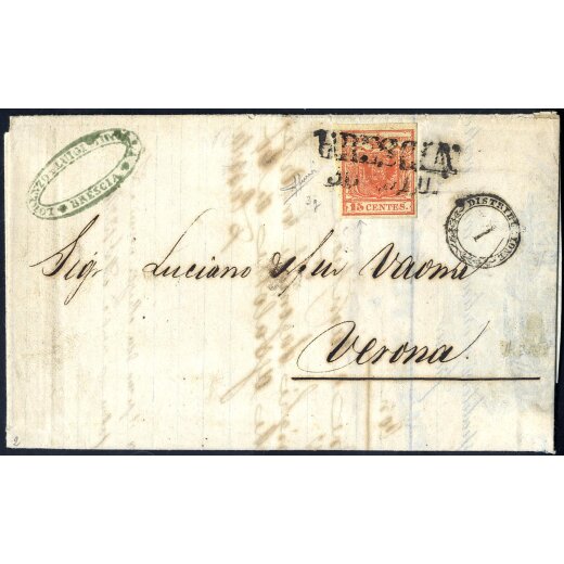 1850, 15 Cent. rosso vermiglio intenso su lettera da Brescia, firm. Sorani (Sass. 3g)