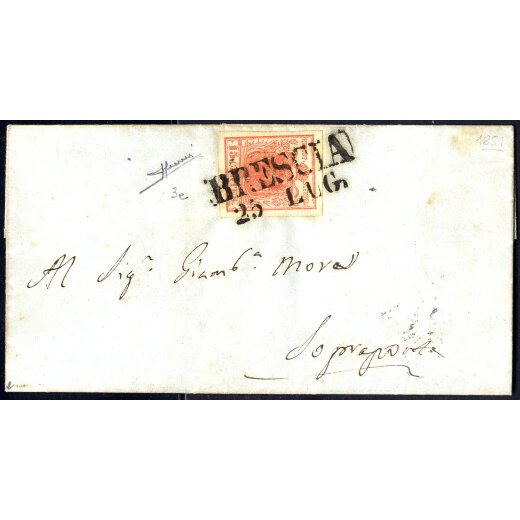 1850, 15 Cent. rosso vermiglio su lettera da Brescia, firm. Sorani (Sass. 3e - ANK 3HI)