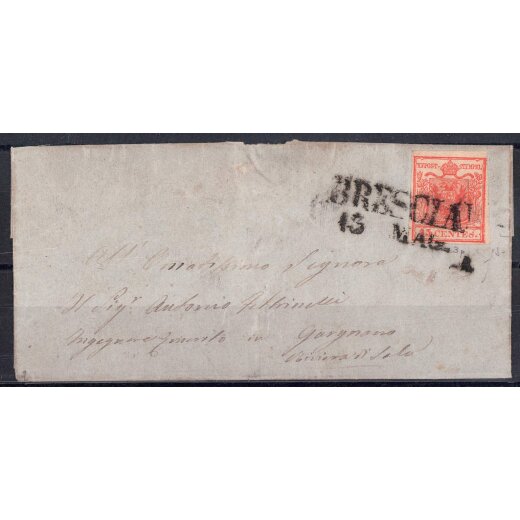 1850, 15 Cent. rosso vemiglio su lettera da Brescia (Sass. 3e - ANK 3HI)