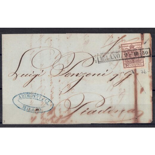 1850, 30 Cent. bruno, prima tiratura, su lettera da Milano (Sass. 7b - ANK 4HI Erstdruck)