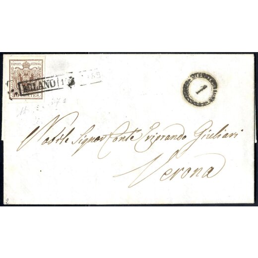 1850, 30 Cent. bruno, prima tiratura, su lettera da Milano, firm. A. Diena (Sass. 7b - ANK 4HI Erstdruck)