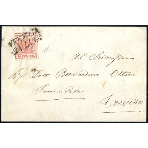 1850, 15 Cent. rosso, prima tiratura, su lettera da Venezia, firm. A. Diena (Sass. 3a - ANK 3HI - Erstdruck)