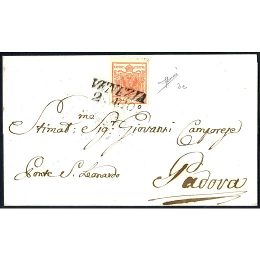 1850, 15 Cent. rosso vermiglio, primo tipo, su lettera da Venezia, firm. A. Sorani (Sass. 3e - ANK 3HI)