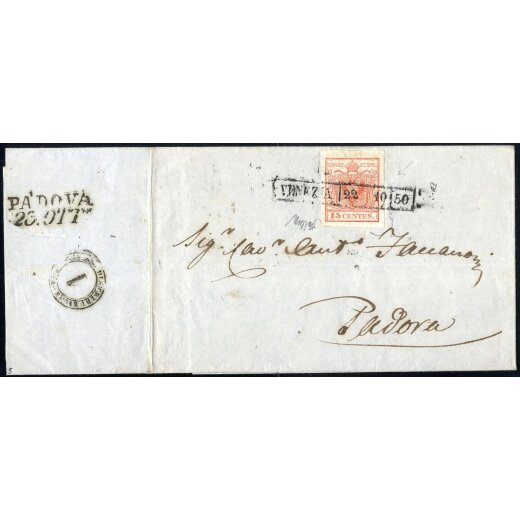 "VICENZA / 22 - 10 / 50", annullo R50 su 15 Cent., primo tipo, su lettera per Padova, firm. Caffaz (Sass. 3a - 5P.)