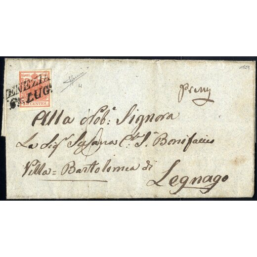 1850, 15 Cent., rosso vermiglio, secondo tipo, su lettera da Venezia, cert. Sorani (Sass. 4)