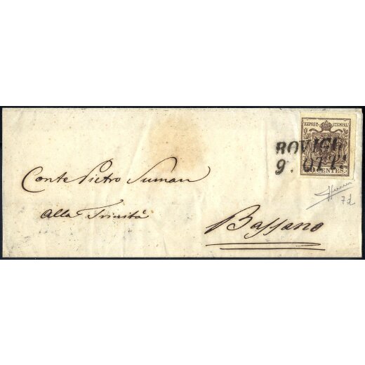 1850, 30 Cent. bruno scuro, primo tipo, su lettera da Mantova, firm. Sorani (Sass. 7d - ANK 4HI)